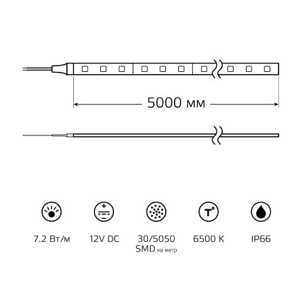 Лента LED 5050/30-SMD 7.2W 12V DC холодный белый IP66 (блистер 5м) в Самаре 