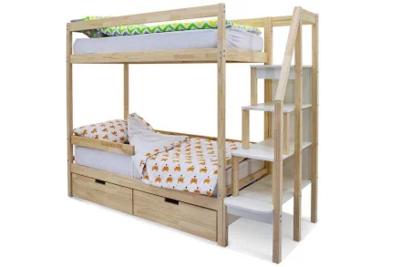 Детская двухярусная кровать Бельмарко Svogen натура с бортиком и ящиками в Самаре 